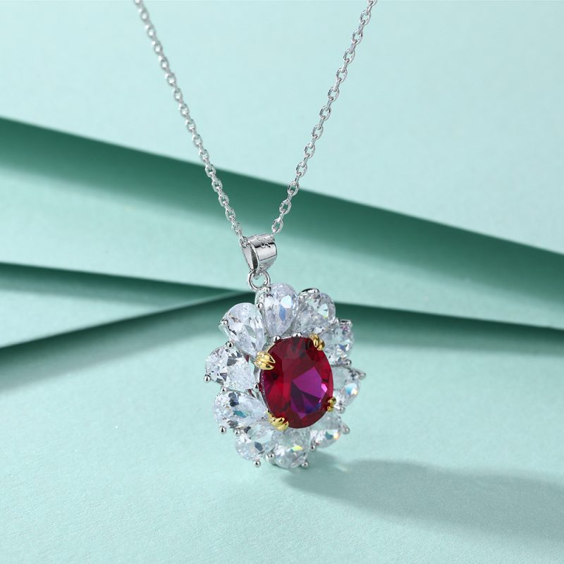 Full circle drop-shaped zircon necklace women's fashion European and American ruby ​​pendant necklace simple and versatile S925 silver necklace