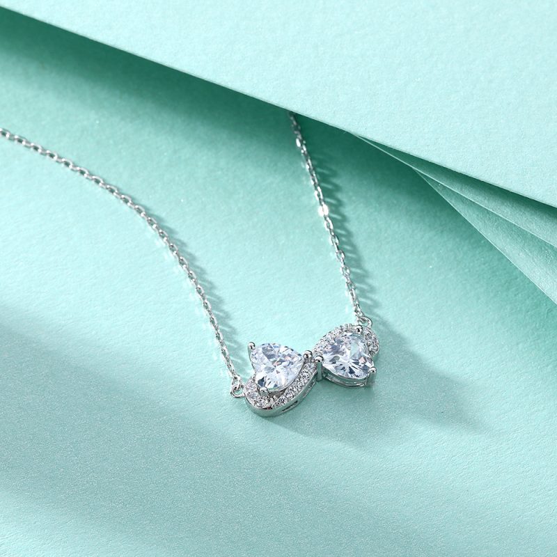 2022 new fashion European and American style necklace female simple bow double heart zircon necklace S925 sterling silver necklace
