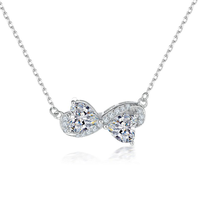 2022 new fashion European and American style necklace female simple bow double heart zircon necklace S925 sterling silver necklace