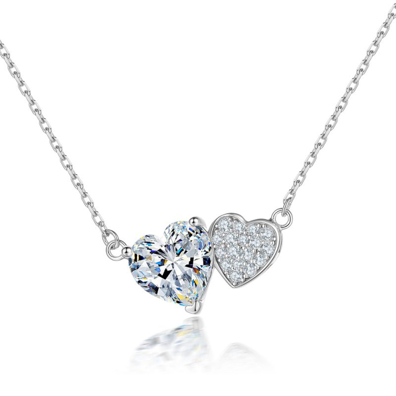 S925 sterling silver necklace women's simple double heart-shaped zircon necklace European and American style pendant clavicle chain light luxury silver necklace