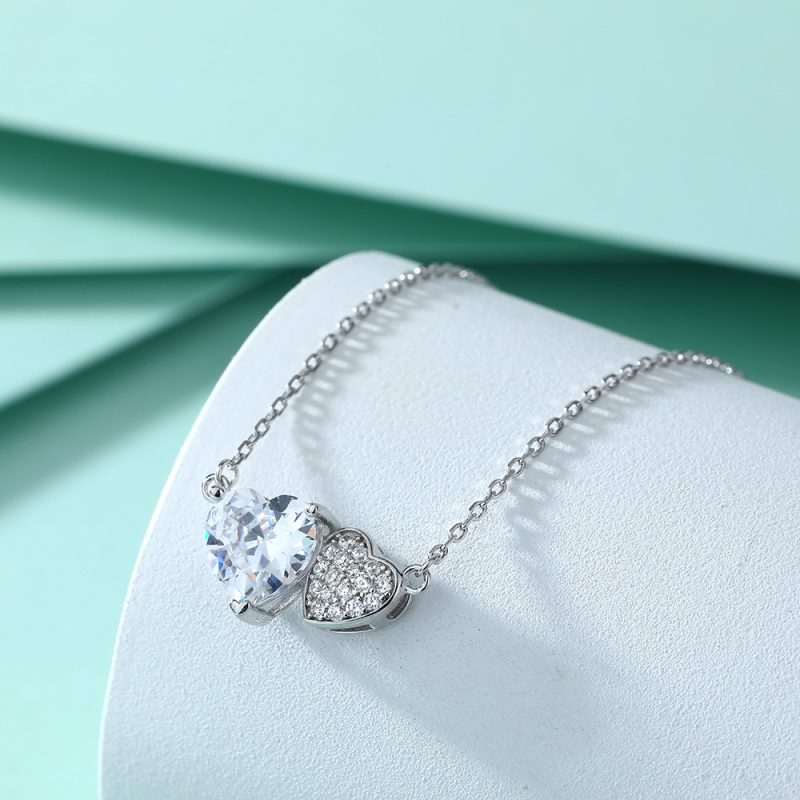 S925 sterling silver necklace women's simple double heart-shaped zircon necklace European and American style pendant clavicle chain light luxury silver necklace