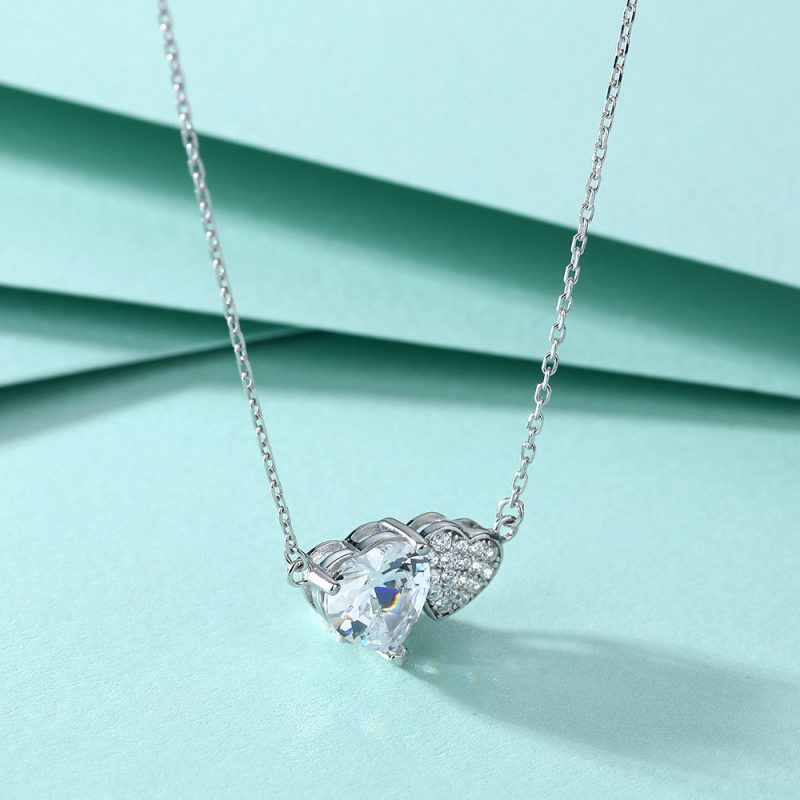 S925 sterling silver necklace women's simple double heart-shaped zircon necklace European and American style pendant clavicle chain light luxury silver necklace