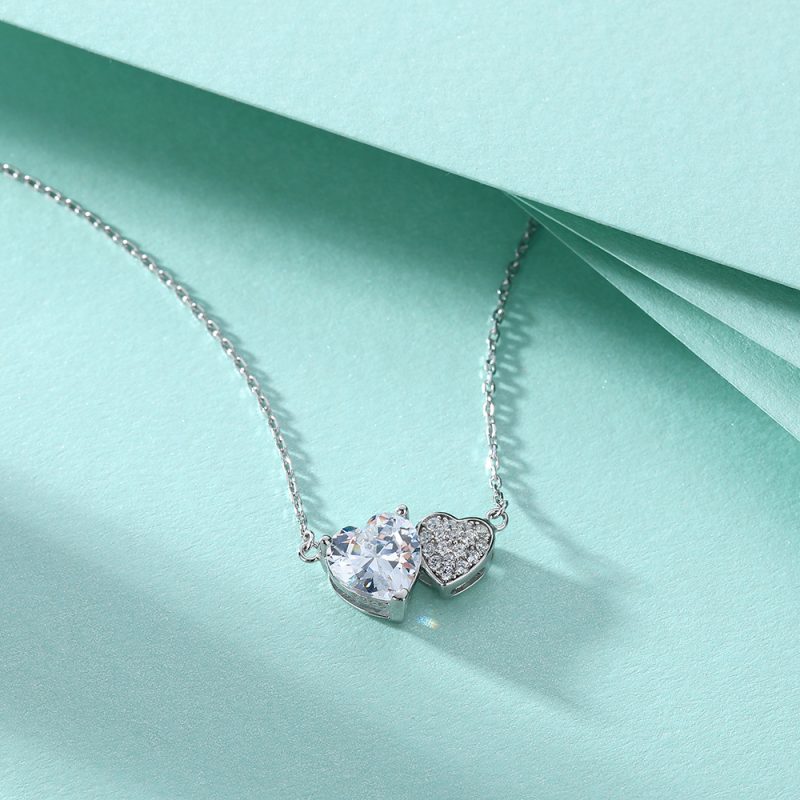 S925 sterling silver necklace women's simple double heart-shaped zircon necklace European and American style pendant clavicle chain light luxury silver necklace