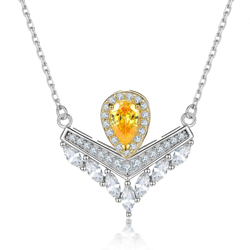 Fashion new crown necklace drop-shaped yellow zircon color separation electroplating pendant necklace light luxury S925 sterling silver necklace